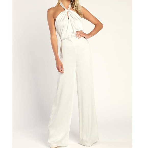 LULU'S XS Ivory Adoring Angel Wide-Leg Sleeveless Satin Halter Jumpsuit b87 flaw - Picture 1 of 13